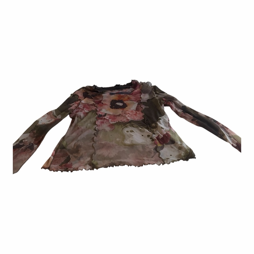 Desigual Long-Sleeve Sheer Floral Mesh Top - Pink, Black, Olive